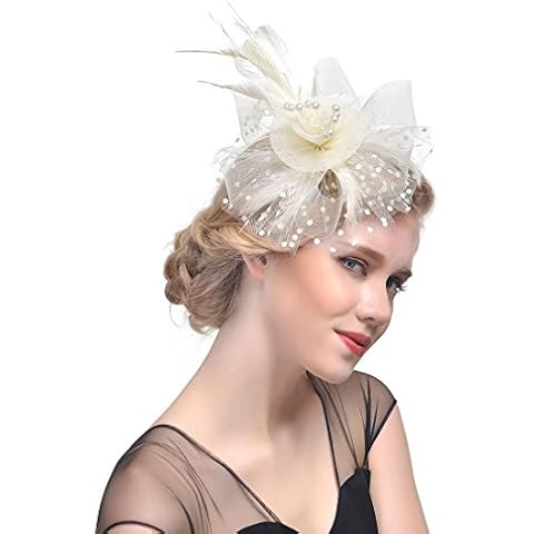 Fascinators Hat for Women Ladies Wedding Fascinators Tea Party Hat Flapper Pillbox Hat Ascot Race Hat Feather Flower Fascinator Beaded with Headband Hairclips Dotted Mesh Hat Headdress Headpieces Cover