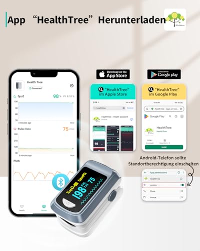 HealthTree Blutsauerstoffsättigungsmonitor und Herzfrequenzmesser für Apple und Android, mit...