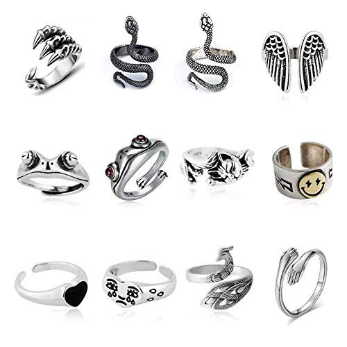 GARENT 12 Pcs Silver Plated Frog Rings Set, Cute Animal Open Ring Pack, Vintage Hippie Matching Rings for Women Men Girls, Stylish Snake, Hug, Cat,Lucky Face Rings for Couples, Gifts for Best Friends