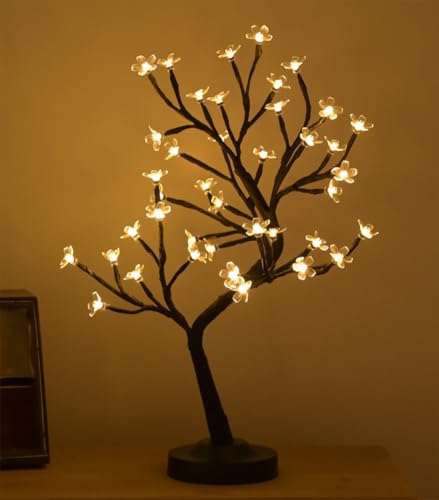 17Inch Cherry Blossom Tree Light, 40LED Lighted Tabletop Artificial Bonsai Tree Lamp with USB Plug or Battery Operated for Home Room Office Party Wedding Christmas Decoration (Warm)
