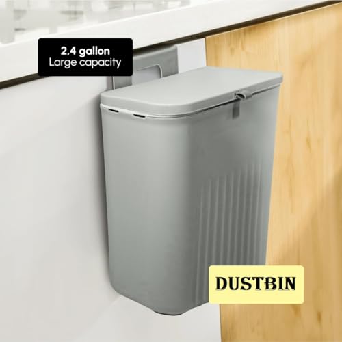 Image of Plastic Hanging Trash Can With Lid, Double-Sided Open Design, Cabinet Door Hanging Wall Storage Bucket for Kitchen (9 Litre Grey)