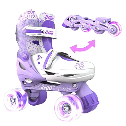 Yvolution Neon Combo Skates | 2-1 Quad and Inline Skates for Kids with LED Wheels | Adjustable Sizing (Purple, 3-6)
