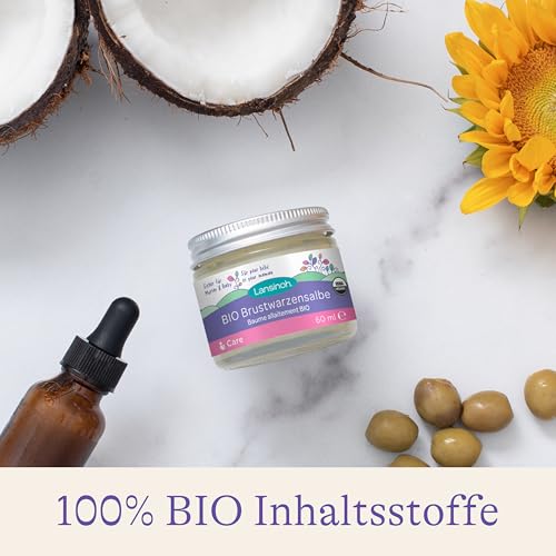 Lansinoh BIO Brustwarzensalbe - 100% Bio Inhaltsstoffe - sicher für Mama und Baby mit Kokosöl und Arganöl, 60 ml