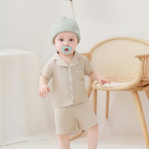 Balaflyie Toddler Baby Pajama Set Boy Girl Button Down Sleepwear Short Sleeve Shirt&Shorts Cotton Jammies Kids Lounge Sets (Oatmeal,9 Months)