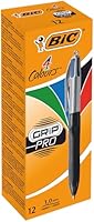 BIC 4 Colours Grip Pro Retractable Ball Pen Medium Point (1.0 mm) - Box of 12 Pens, Perfect for Home Office, Work, School