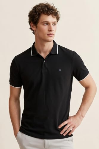 Image of Peter England Men's Snug Fit Solid Polo T-Shirt with Coloured Collar Tipping| Cotton Rich| Premium Pique Weave
