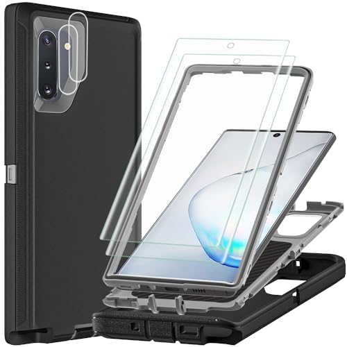 TFDSEUGH for Samsung Galaxy Note 10 Case with 2Pcs Self Healing Flexible TPU Screen Protector & Camera Lens Protector, 3 in 1 Heavy Duty Shockproof/Drop Proof/Dust Proof Case (Black/Grey)