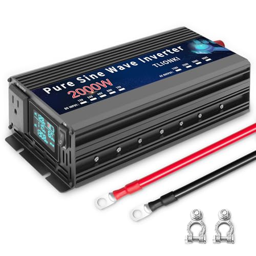 TLIONKI 2000 Watt Pure Sine Wave Inverter Car Power Inverter DC 12V to AC 110V Solar Power Inverter with LCD Display, AC Hardwire Port, Surge 4000W, Suitable for Home, RV, Camping, Outdoor