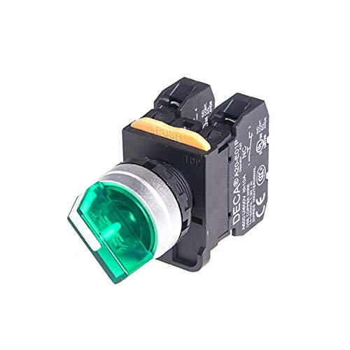 A204F-21E10QM3G, 22mm LED Illuminated Selector Switch, Metal Bezel, 2 Positions, Spring Return from Right, 110V 10A 1NO, LED 240V AC/DC, Green