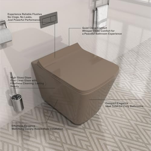 Image of B Backline Rimless Wall Hung Western Toilet Commode | Wall Mounted Water Closet with Soft Close Seat Cover | P Trap Outlet from Wall | Commode for Bathroom (Brown Glossy, 52 x 35 x 36 cm)