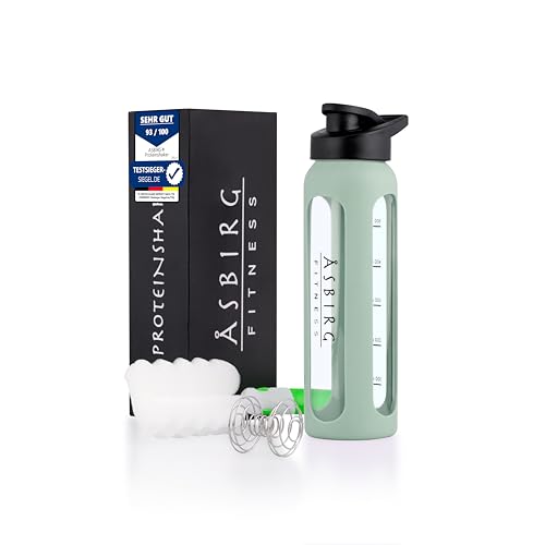 Asbirg Shaker de proteínas de vidro 700 ml, sem BPA, hermético e resistente, garrafa misturadora com bola de vidro de borossilicato para batidos e desporto, verde pastel
