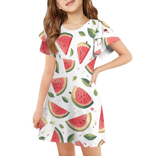 Girls Cute Print Casual Short Sleeve Crewneck Dress Soft Summer Clothes Party Holiday Sundress Ages 3-11 Years