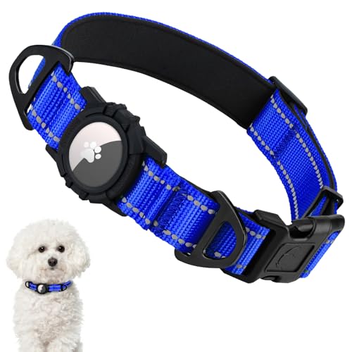 Taglory Reflective AirTag Dog Collar with Waterproof Airtag Holder, Dual D-Rings, Durable Safety Buckle, Adjustable Soft Padded for Small Dogs Night Walking, Outdoor Tracking, Navy Blue, S