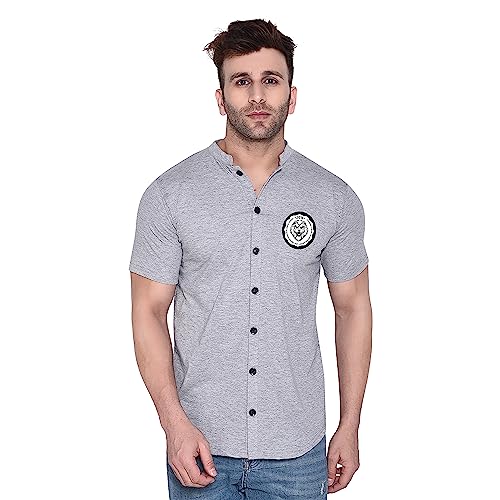 Image of Geum Men's Mandarin Collar Shirt with Graphic Print| Short Sleeve Cotton Blend Slim Fit Casual Shirt for Men