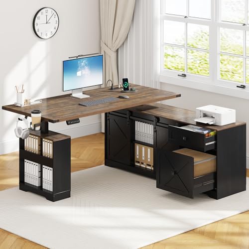 63 L-Shaped Adjustable Electric Standing Desk with Storage