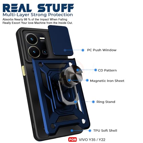Image of Armor Bumper Back Cover Case for Vivo Y35 / Y22 | Rotating Camera Cover, Ring Holder & Kickstand | Heavy Duty & 360 Degree Protection Vivo Y35 / Y22 Back Cover (Blue)