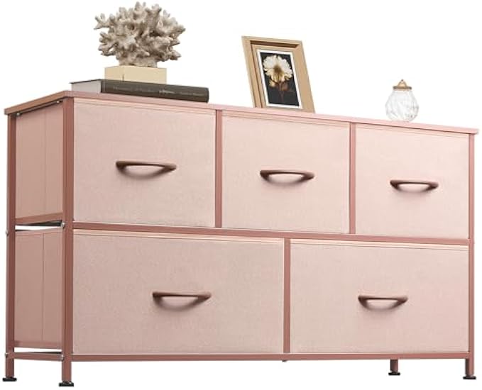 WLIVE Dresser for Bedroom with 5 Drawers, Wide Chest of Drawers, Fabric Dresser, Storage Organization Unit with Fabric Bins for Closet, Living Room, Hallway, Light Grey