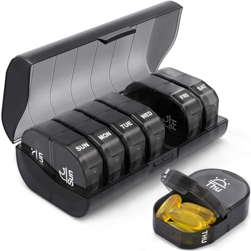 Organizzatore settimanale di pillole, Settimanale Francese Mattina e Sera 7 Giorni 14 Scomparti Rotondo Multicolore Portatile Settimanale Grande for Capsule, Olio di Pesce, Vitamine (Color : Svart)