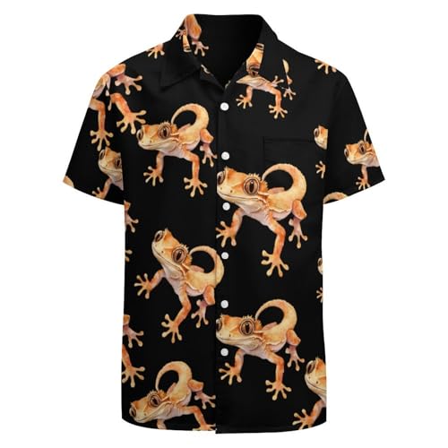 Watercolor Cute Crested Gecko Hawaiian Shirts for Men Short Sleeve Blouse Button Down Tee Top3