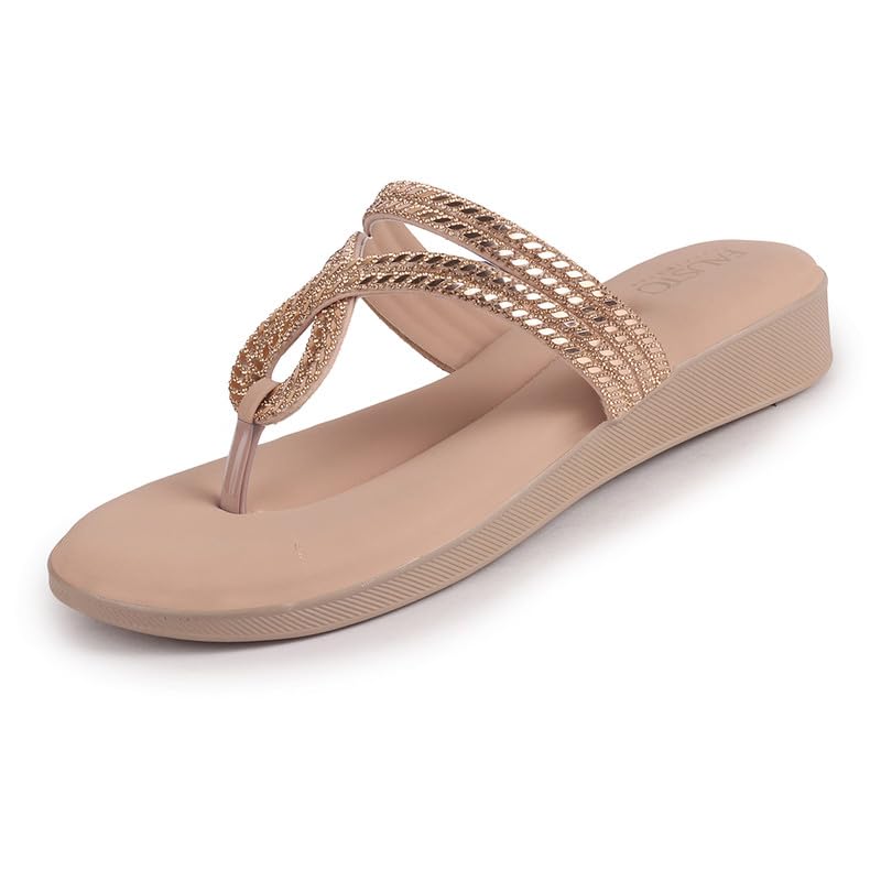 Image of FAUSTO Women T-Strap Slip On Ethnic Sandals with Rhinestone Strap | Wedge Ortho Slip-On Slippers | Perfect for Wedding, Festive Outfits