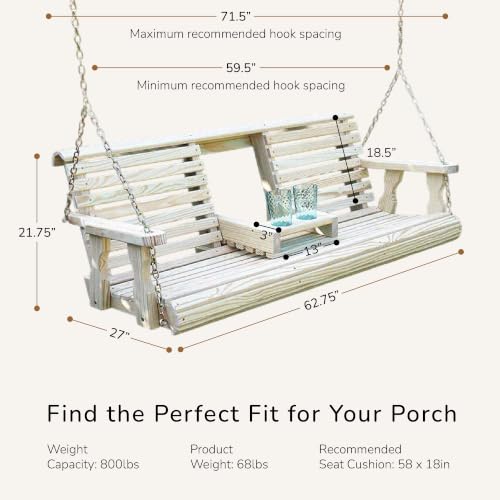 Image of Porchgate Amish Heavy Duty Console Porch Swing with Fold Down Cup Holders in Unfinished - Amish Made in The USA from Treated Pine, Hanging Chains Included