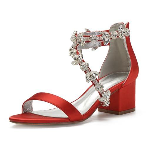 Image of Anna's Bridal Women's Low Block Heel Sandals Chunky Ankle Strap Crystal Wedding Dress Shoes Low Heel Comfortable Pump Sandals