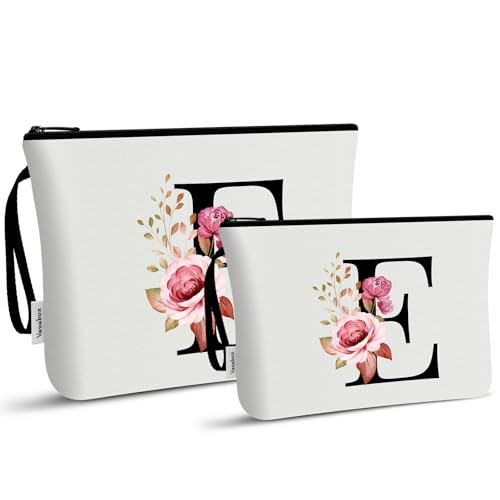 Image of Vavabox A-Z Personalized Makeup Bag, Birthday Gifts for Women Mom, Gifts for Best Friend, Bride Bridesmaid Cosmetic bag (E, 03-White Set)