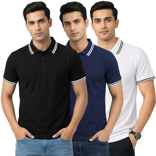 Image of Hangout Hub Hybrid Men's Polycotton Polo T-Shirt | Solid Finish | 260 GSM Premium Fabric | Half Sleeve Collared Neck | Regular Fit | Casual & Office Wear | Set of 1, 2 & 3