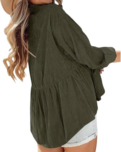 Corduroy Peplum Hem Button-Up Shirt Jacket for Women Long Sleeve Loose Fit Button Down Blouses with Pockets3