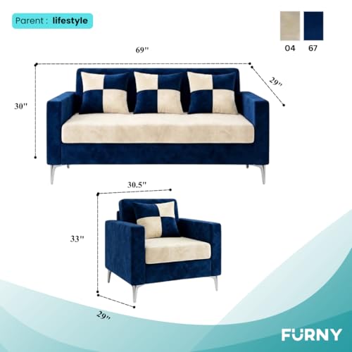 Image of FURNY Lushwood 3 Seater + 1 Seater + 1 Seater Sofa Set (Dark Blue-Cream) | Premium Suede Velvet Fabric Finish | Silver Metal Legs | Durable Comfort Sofa for Modern Living Room & Office Spaces