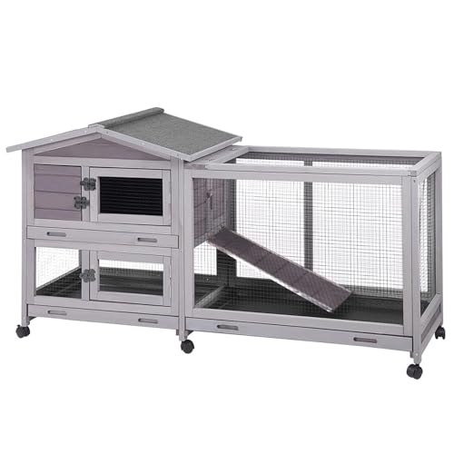 Aivituvin Rabbit Hutch Outdoor Indoor Rabbit Cage Chikcen Coop with Casters Guinea Pig Cage with 3 Deep No Leakage Pull Out Tray,Waterproof Roof