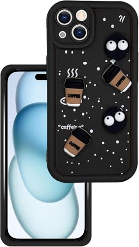 Image of GoldKart Back Case Cover Compatible for iPhone 15 Plus | Cute Fun Cartoon 3D Ball Coffee Silicone Case | Full Body Protection Back Cover for iPhone 15 Plus - Black