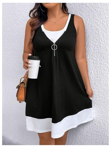 SOLY HUX Women's Plus Size Color Block Tank Dress Sleeveless Zipper Flowy Vacation Short Dresses4