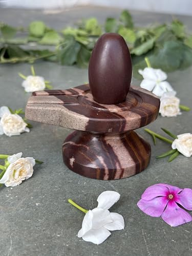 Image of Shivam VASTU AKAL 1.5 inch Original Narmadeshwar Narmada Shivling with 3 inch Narmada Stone Yoni Base Jaladhari (Swayambhu Shivling, Multicolor Damru Jaladhari)