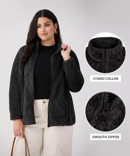 CARCOS Plus Size Fuzzy Jacket for Women Full Zip Up Fleece Coat Long Sleeve Fall Winter Sherpa Outerwear with Pockets3