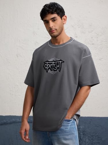 Image of The Souled Store Originals : Kalyuga Oversized T-Shirt for Men Boys Cotton Casual Half Sleeves Baggy Loose Fit Drop Shoulder Round Neck Grey