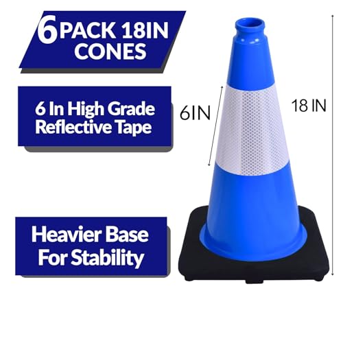 Image of BESEA 6 Pack 18 Inch Blue Traffic Cones with Wide Stable Base