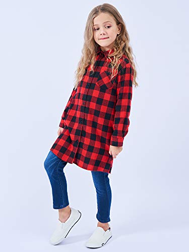 Image of OCHENTA Girls Flannel Shirt Dress 100% Cotton Plaid Button Down Buffalo Check Long Sleeve Kids School Outfits (3-12Y)