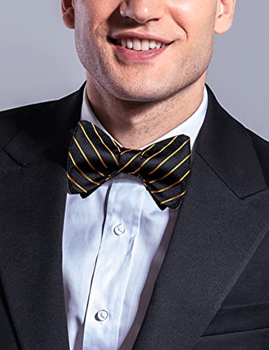 Dibangu Classic Black Gold Striped Self Bow Tie Handkerchief Cufflinks #TOP2