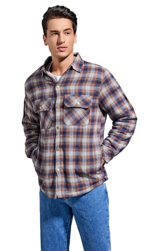 Image of Men's Sherpa Cotton Flannel Shirt Jacket Plaid Button Coat Pocket