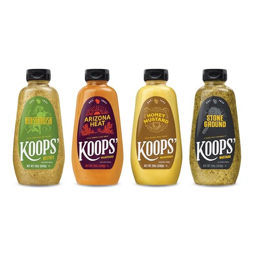 Image of Koops' Fan Favorites Mustard Variety Pack - Horseradish, Arizona Heat, Honey Mustard, & Stone Ground - Gluten-Free, Kosher, Made in USA, From Quality Mustard Seeds - 12 Oz, Pack of 4