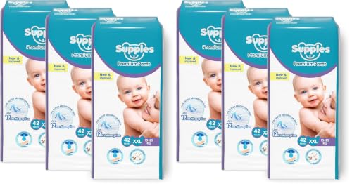Image of Amazon Brand - Supples Premium Baby Diaper Pants | 84 Baby Diapers | XXL | 15-25 Kg | 42 x 6 Packs | 12 Hrs Absorption | Cushiony Cotton Soft Fabric | Phthalates-Free | Triple Leak Guard