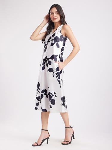 Image of FableStreet Women Party Dress | Elegant A-Line Fit Midi Length V-Neck Sleeveless | Lustrous Satin Fabric for Evening Gatherings & Celebrations