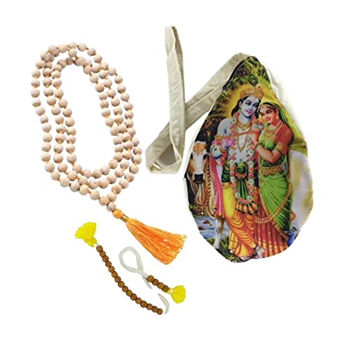 Image of Beautiful Radha Krishna Printed Pure Cotton Gomukhi Japa Mala Bag /Chanting Bag with Japa Mala 108 Beads Original and Sakshi Mala Counter (Pack of 1 Set) (Multicolour Full Radha Krishna)