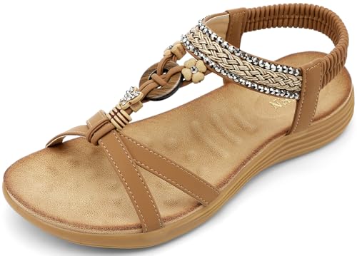 Image of UBFEN Womens Bohemian Flat Sandals With Back Strap Summer Beach Comfortable Bling