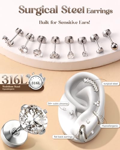 Hypoallergenic Cartilage Earrings for Women 20G Helix Piercing Jewelry Earring Flat Back Surgical Stainless Steel Gold Stud Hoop Cartilage Earring Set Daith Tragus Conch for Multiple Piercing Single3