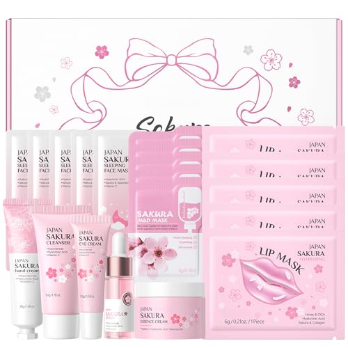 20PCS Sakura Skincare Gift Set sakura skincare set with Cleanser Serum Eye Cream Hand Cream Lip Mask Mud Mask & Sleeping Mask for Pamper Gifts for Women and Teen Girls