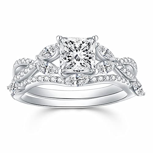 Blocaci Princess Cut Bridal Ring Set for Women Bridal Sets Wedding Rings, 1-1/2 Carat(ctw) Moissanite Leaf Flower Band 925 Sterling Silver 10K 14K 18K Gold Engagement Ring Set Free Engraving