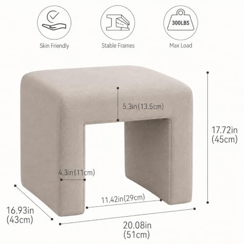 Image of Kundi Modern Boucle Vanity Stool Chair with Wooden Legs - Soft Ottoman Footstool for Makeup Room, Living Room, Entryway & Office (Cream) (Taupe)