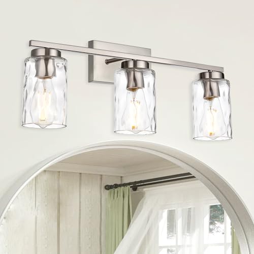 Image of Bathroom Light Fixture Over Mirror 3 Light Farmhouse Vanity Lights for Bathroom Modern Brushed Nickel Sconces Wall Lighting Flush Mount Fixtures with Clear Hammered Shade, E26 Socket